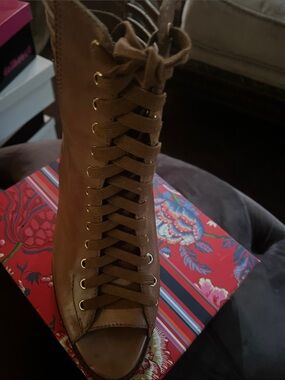 BCBGMaxAzria Tan Lace-Up Peep-Toe Ankle Boot
